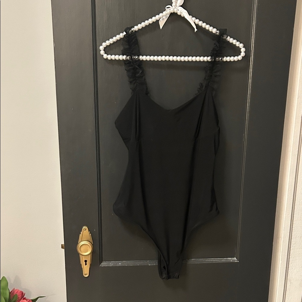 Black Ruffled Strap Bodysuit
